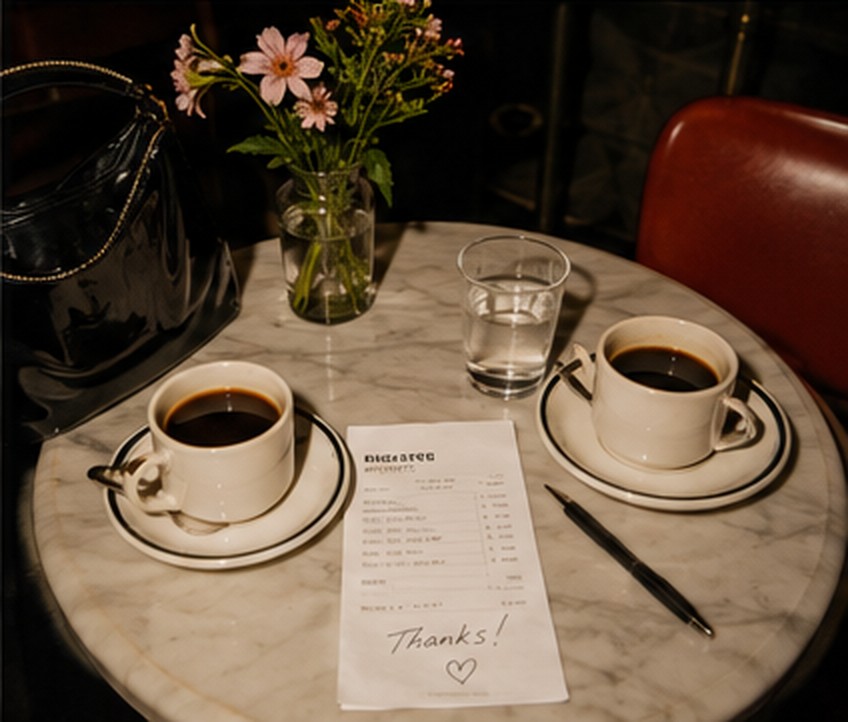 Two coffees, flowers and a restaurant check on a marble table