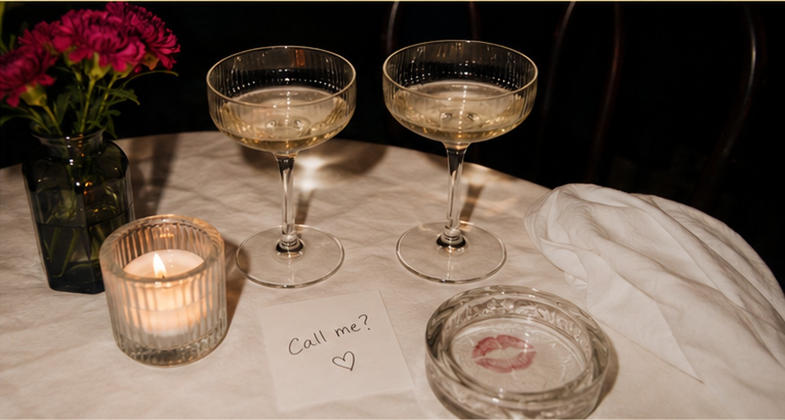 Two coupe glasses, candlelight and a handwritten note on a restaurant table